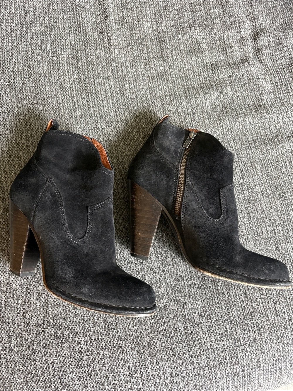 Frye Black Suede Stacked Heel Ankle Booties with Side Zip